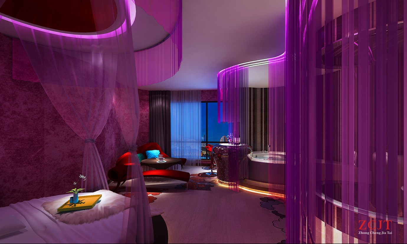 酒店室內(nèi)空間裝修、圓形浴缸、大型圓床